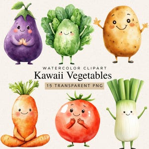 Può includere: Illustrazione ad acquerello di sei verdure kawaii: una melanzana, una verdura a foglia verde, una patata, una carota, un pomodoro e un porro. Il testo "KAWAII Vegetables" è visualizzato sotto.