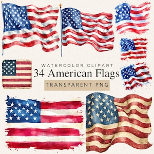 Watercolor American Flags Clipart, 34 PNG Images, USA Patriotic 4th of July Illustration (Digital Download)