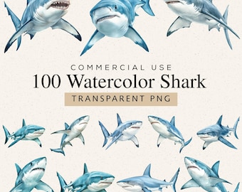 Watercolor Shark Clipart, 100 PNG Images, Ocean Sea Animal