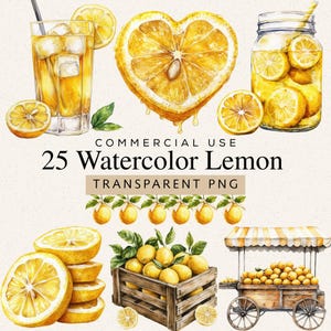 Op de afbeelding: Waterverfillustraties van citroenen, waaronder een hartvormige citroen, gesneden citroenen en citroenen in een pot. De afbeelding bevat ook een glas ijsthee met een citroenschijfje en de tekst "25 Watercolor Lemon Transparent PNG".