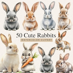 May include: Watercolor clipart featuring eight adorable rabbits in various shades of gray, brown, and white. One rabbit holds a carrot. The text "50 Cute Rabbits" and "Watercolor Clipart" is displayed.