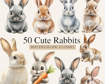 May include: Watercolor clipart featuring eight adorable rabbits in various shades of gray, brown, and white. One rabbit holds a carrot. The text "50 Cute Rabbits" and "Watercolor Clipart" is displayed.