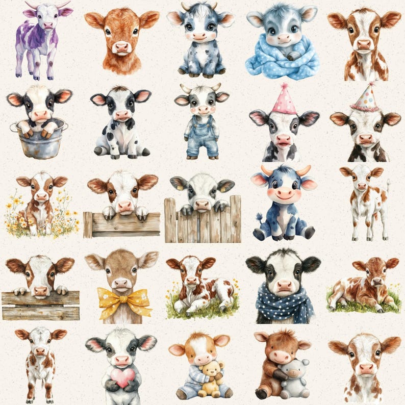 Watercolor Baby Cow Clipart, Calf Farm Animal PNG Bundle (digital ...
