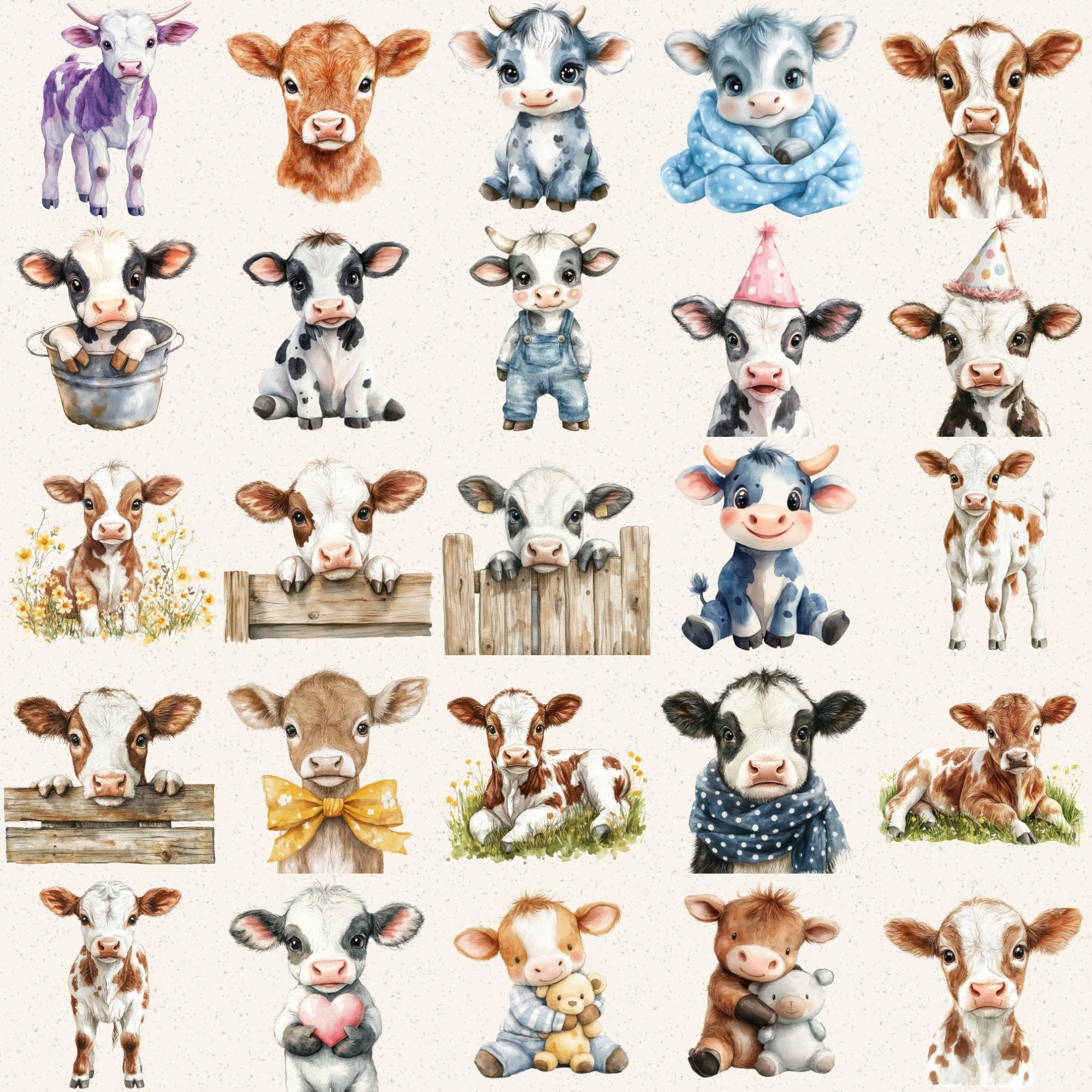 Watercolor Baby Cow Clipart, Calf Farm Animal PNG Bundle (digital ...