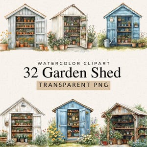 Könnte beinhalten: Aquarell-Clipart mit sechs Gartenhäusern in verschiedenen Farben, gefüllt mit Topfpflanzen. Der Text "WATERCOLOR CLIPART 32 GARDEN SHED TRANSPARENT PNG" ist enthalten. Die Gartenhäuser sind in Weiß, Blau und Braun bemalt, mit offenen Türen.
