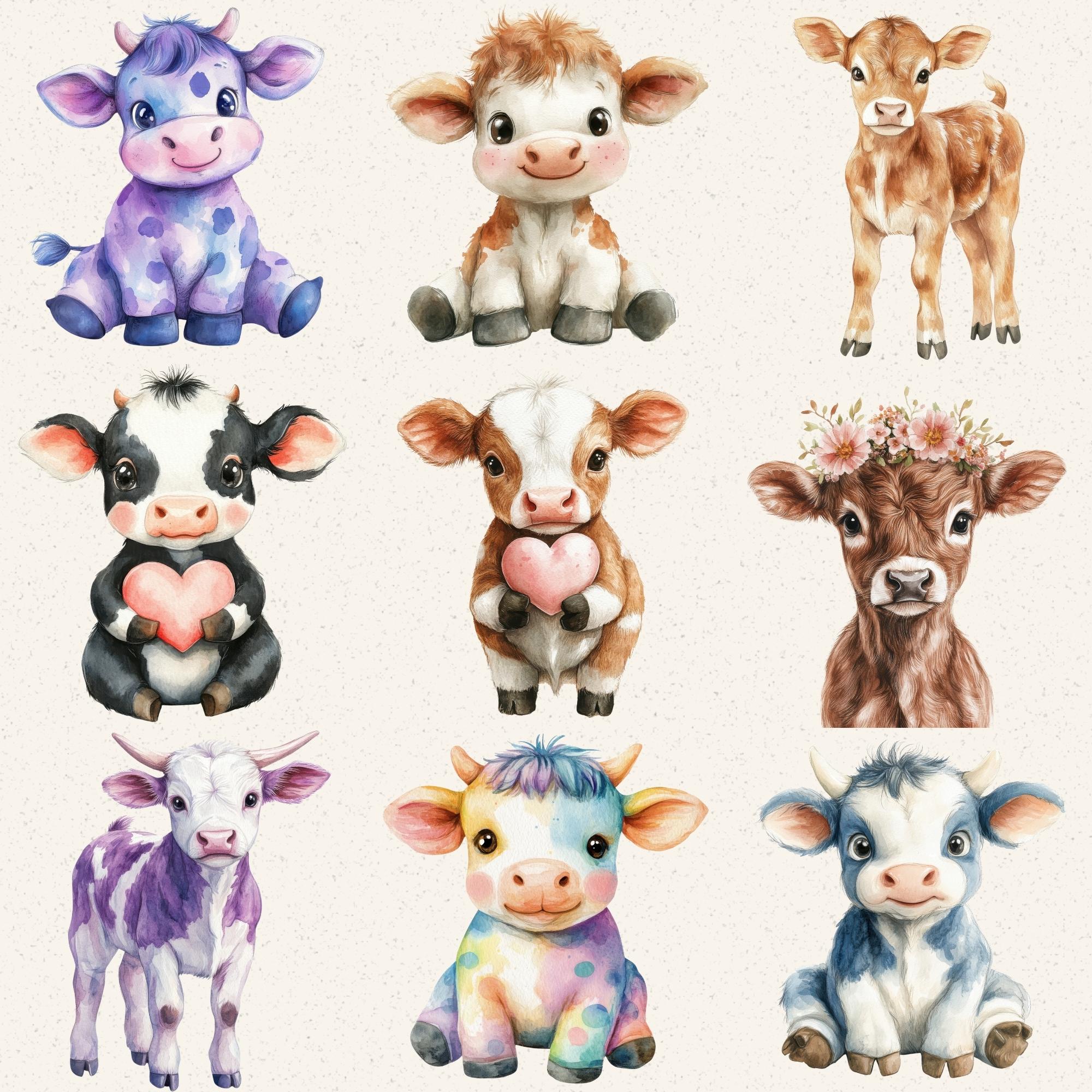 Watercolor Baby Cow Clipart, Calf Farm Animal PNG Bundle (digital ...