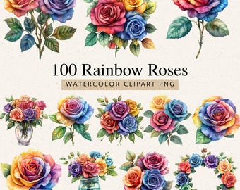 May include: Watercolor clipart of rainbow roses in various arrangements. The image features bouquets, single stems, and a wreath, showcasing a vibrant mix of colors including red, yellow, blue, and purple. Text reads "100 Rainbow Roses WATERCOLOR CLIPART PNG."