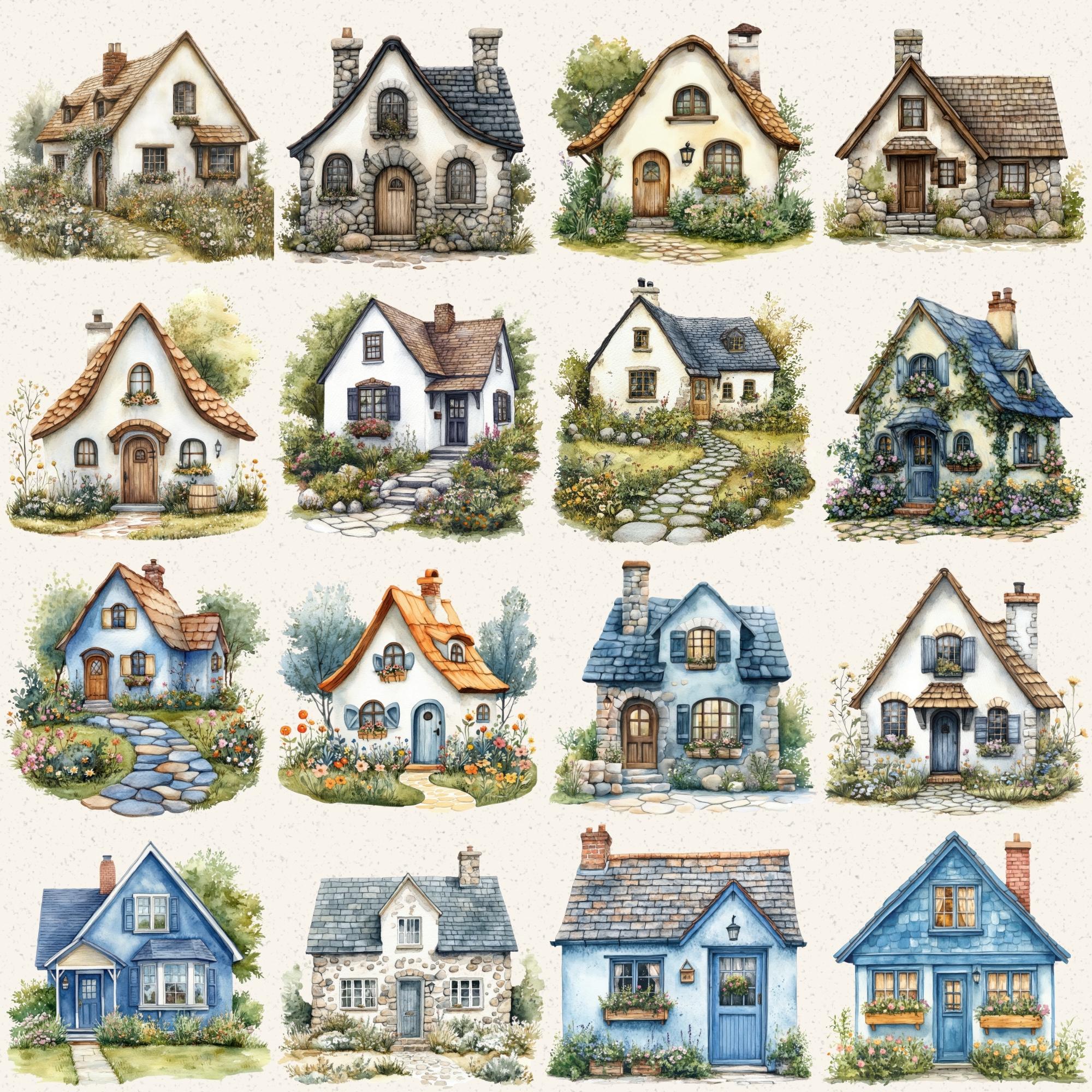 Watercolor Cottage House Clipart Bundle, 36 Vintage Home Illustrations ...