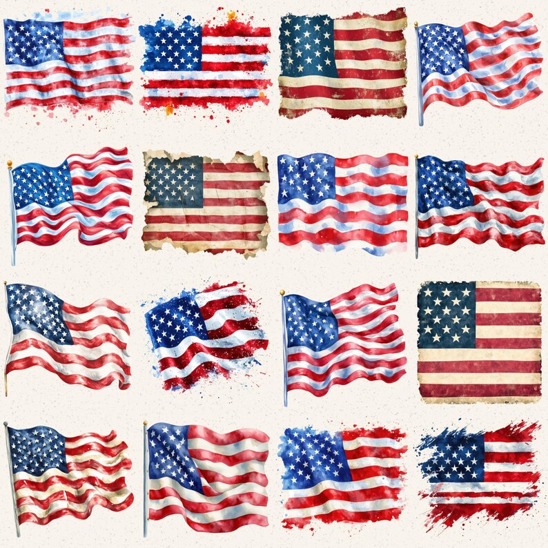 Watercolor American Flags Clipart, 34 PNG Images, USA Patriotic 4th of ...