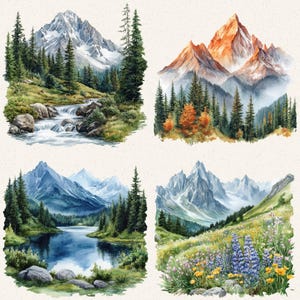 May include: Four watercolor paintings of mountain landscapes. Each features a different scene: a mountain with a stream, a mountain with autumn foliage, a mountain with a lake, and a mountain with wildflowers. The paintings use a soft color palette.