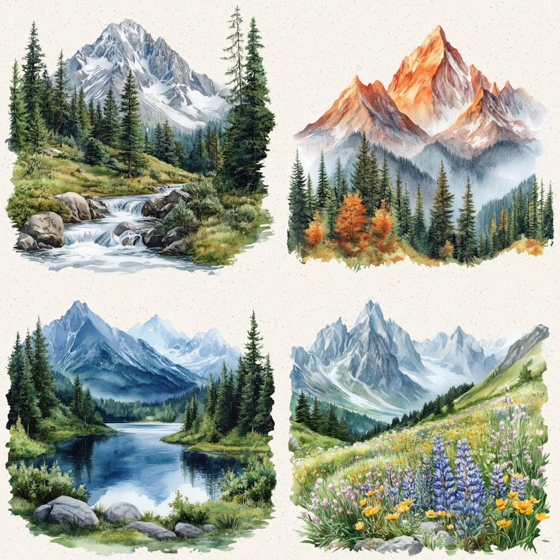 May include: Four watercolor paintings of mountain landscapes. Each features a different scene: a mountain with a stream, a mountain with autumn foliage, a mountain with a lake, and a mountain with wildflowers. The paintings use a soft color palette.