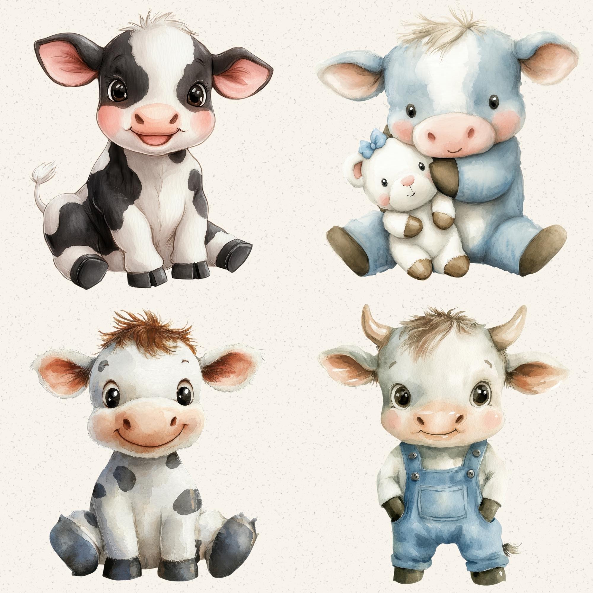 Watercolor Baby Cow Clipart, Calf Farm Animal PNG Bundle (digital ...