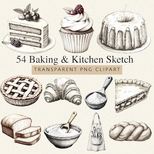 Peut inclure: Une collection de 54 croquis de pâtisserie et de cuisine présentant des illustrations en noir et blanc de gâteaux, un cupcake, un gâteau bundt, une tarte, un croissant, une cuillère doseuse avec de la farine, une part de tarte, du pain, un bol avec de la farine, un tablier et du pain tressé.