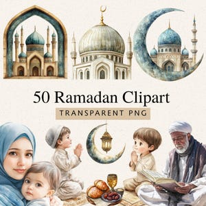 Puede incluir: Ilustraciones en acuarela con mezquitas, lunas crecientes y personas, con el texto "50 Ramadan Clipart TRANSPARENT PNG". Las imágenes representan escenas de oración, familia y comida tradicional, perfectas para proyectos de diseño digital.