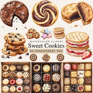 以下が含まれることがあります： チョコレートチップ、渦巻き、サンドイッチクッキーなど、さまざまな甘いクッキーの水彩画クリップアート。画像には、さまざまなクッキーの箱とテキスト「Sweet Cookies」も含まれています。
