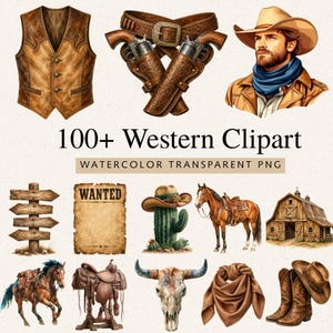 May include: A collection of Western-themed watercolour clipart featuring a brown leather waistcoat, holsters with revolvers, a cowboy, a wooden signpost, a wanted poster, a cactus, a horse, a barn, a saddle, a bull skull, a scarf, and boots.