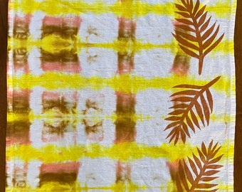 Tea towel (1) Lemon, peach and curry with tropical leaf print tt19