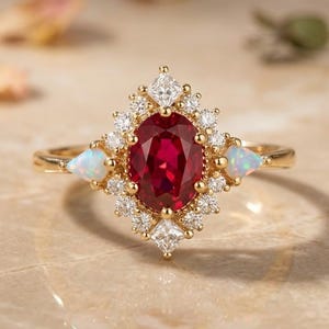 May include: A gold ring featuring a central oval-cut deep red ruby surrounded by a halo of small round white diamonds. Two pear-shaped opals are set on the sides of the band, with additional square-cut diamonds at the top and bottom points.