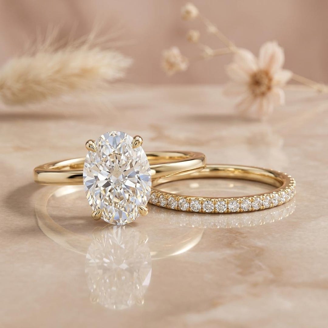 2 Ct Oval Moissanite Engagement Ring Set: Vintage Art Deco 14k Gold ...