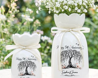 Personalized 9th Anniversary Vase, Ceramic Decorative Vase, Custom Willow Tree Vase, Gift for Couple, Engagement Vase, Anniversary Gifts