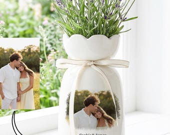Personalisierte Fotovase, Dekorative Keramikvase, Blumenvase mit Namensbild, Vasengeschenk für Sie, Jahrestagsgeschenk, Familienfotogeschenk