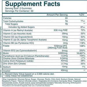 May include: A detailed supplement facts label with nutritional information. The label lists serving size, calories, vitamins, and other ingredients. The text includes percentages of daily values and other ingredients.