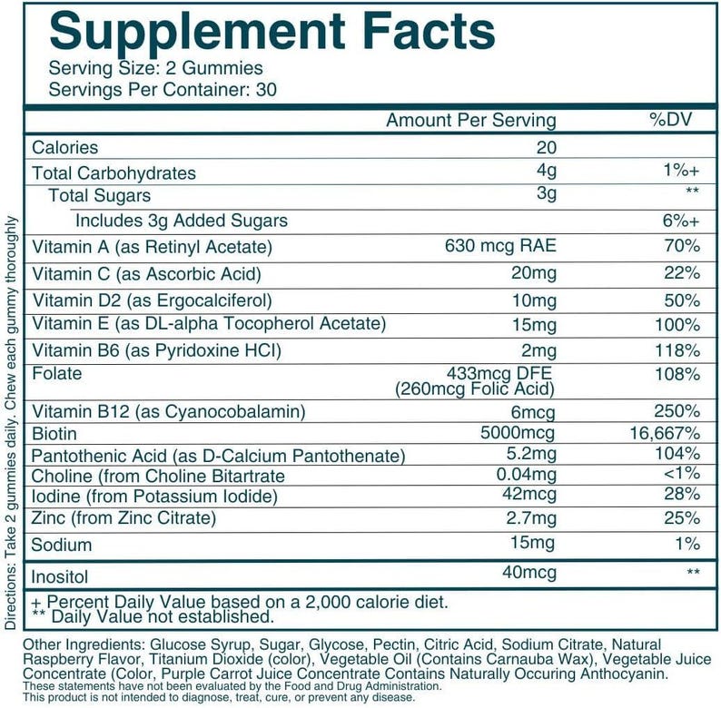 May include: A detailed supplement facts label with nutritional information. The label lists serving size, calories, vitamins, and other ingredients. The text includes percentages of daily values and other ingredients.