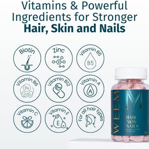 May include: A clear bottle of WEEM hair, skin, and nails gummies with a white lid. The bottle is filled with pink gummies. The image also shows icons of vitamins and ingredients, including Biotin, Zinc, and Vitamin B5.
