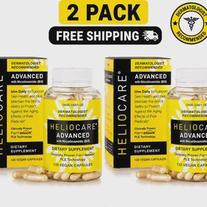 Pu&ograve; includere: Due scatole e due flaconi di integratore alimentare Heliocare Advanced con Nicotinamide (B3). Le scatole e i flaconi sono gialli, neri e bianchi. I flaconi contengono 120 capsule vegane. Il testo sulle scatole e sui flaconi dice "Raccomandato dai dermatologi".