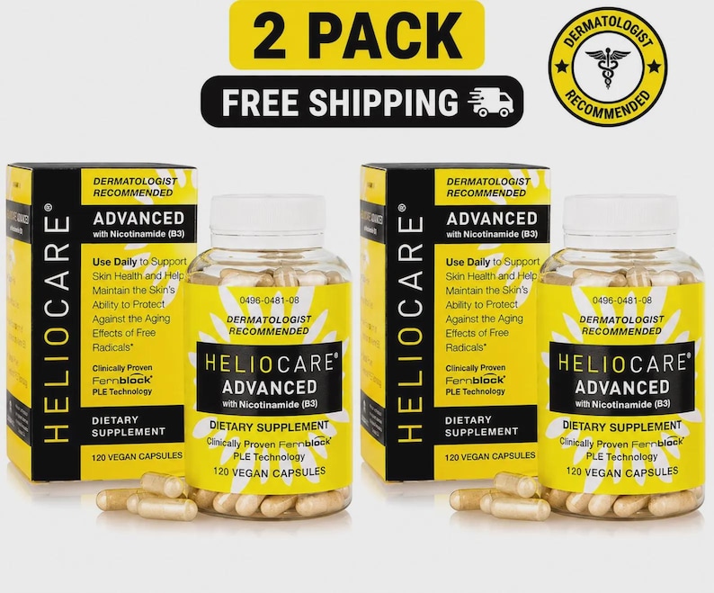 Pu&ograve; includere: Due scatole e due flaconi di integratore alimentare Heliocare Advanced con Nicotinamide (B3). Le scatole e i flaconi sono gialli, neri e bianchi. I flaconi contengono 120 capsule vegane. Il testo sulle scatole e sui flaconi dice "Raccomandato dai dermatologi".