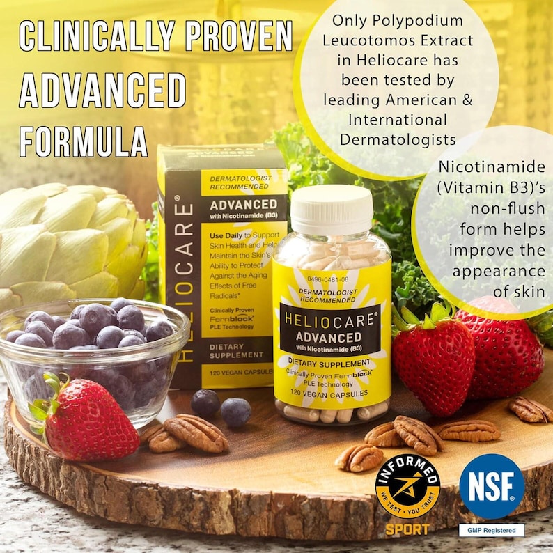 Pu&ograve; includere: Immagine di bottiglie e scatole di integratori alimentari Heliocare Advanced, con il testo "Formula Avanzata Clinicamente Provata". L'immagine include fragole, mirtilli e noci pecan su una superficie di legno.