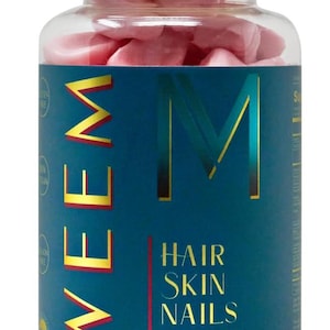 May include: A clear plastic bottle filled with pink gummy vitamins. The bottle has a white cap and a blue label with gold lettering that reads "WEEM" and "HAIR SKIN NAILS". The label also states "Dietary Supplement 60 Gummies".