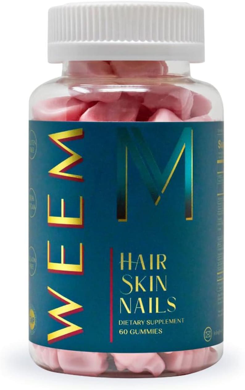 May include: A clear plastic bottle filled with pink gummy vitamins. The bottle has a white cap and a blue label with gold lettering that reads "WEEM" and "HAIR SKIN NAILS". The label also states "Dietary Supplement 60 Gummies".