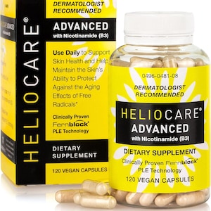 Pu&ograve; includere: Una bottiglia di integratore alimentare Heliocare Advanced con Nicotinamide (B3) e 120 capsule vegane. L'etichetta &egrave; gialla e bianca con la scritta "Raccomandato dai dermatologi". La scatola &egrave; gialla e nera con il logo Heliocare.