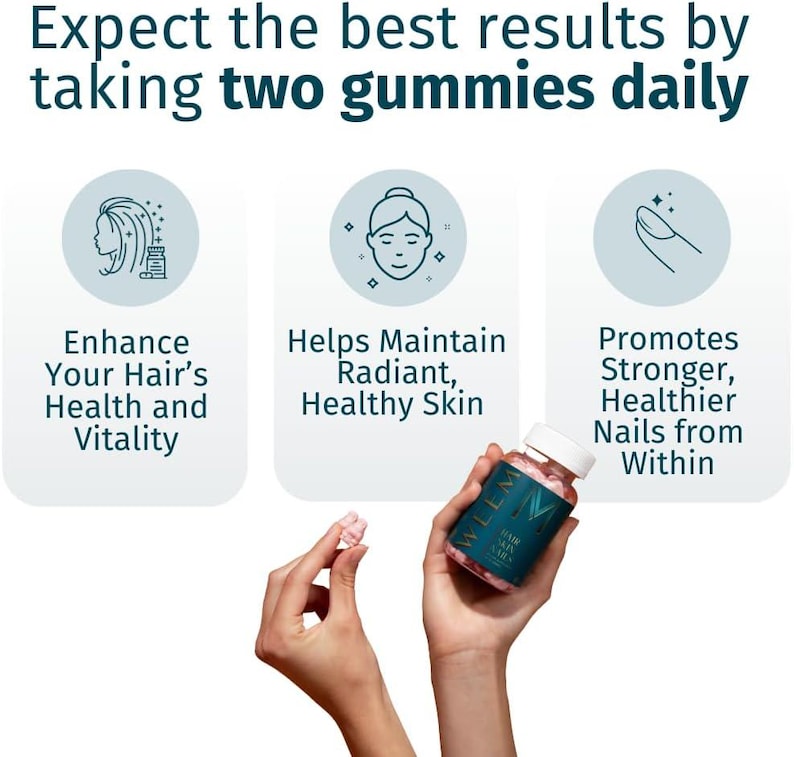 May include: A person holding a bottle of hair, skin, and nails gummies, with two pink gummies in their other hand. The bottle is dark teal with white text. The image includes text that says "Expect the best results by taking two gummies daily."