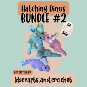 Kläckande dinosaurier PAKET #2 Virkmönster (PDF) - utan sömnad, Stegosaurus, Triceratops, Plesiosaurus, Dilophosaurus