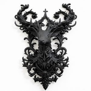 May include: A black decorative deer head wall mount with ornate, scrolling details. The deer head is centered, with antlers and a detailed face. The surrounding frame features intricate floral and leaf patterns, creating a gothic or baroque aesthetic.