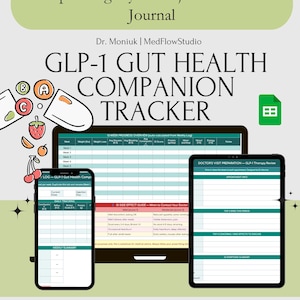 Puede incluir: Un diario titulado "Ozempic Wegovy Mounjaro Side Effects Journal" con el texto "GLP-1 GUT HEALTH COMPANION TRACKER". La imagen incluye una tableta y dos teléfonos inteligentes que muestran información de seguimiento. El texto inferior dice "Instructions | Google Sheets | Auto-Calculating."