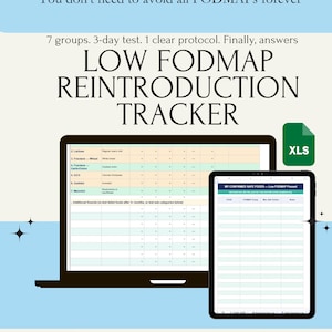 Op de afbeelding: Een digitale Low FODMAP Reintroduction Tracker weergegeven op een laptop en tablet. De afbeelding bevat tekst: "You don't need to avoid all FODMAPs forever." en "7 groepen. 3-daagse test. 1 duidelijk protocol. Eindelijk antwoorden."