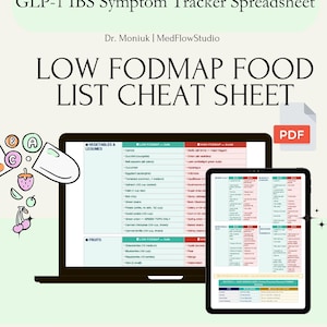 May include: A digital Low FODMAP Food List Cheat Sheet displayed on a laptop and tablet. The document includes lists of vegetables, legumes, and fruits, with a PDF icon. The text reads "Print-Friendly" and "Scroll to use at the grocery store!"