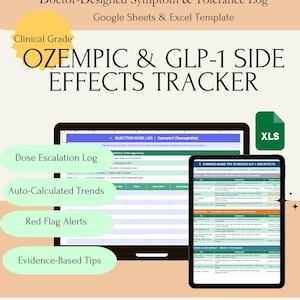 May include: A digital template for tracking Ozempic and GLP-1 side effects, designed by a doctor. The template includes a dose escalation log, auto-calculated trends, red flag alerts, and evidence-based tips. The template is available for instant download.