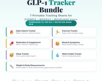 Paquete de 7 rastreadores de GLP-1 (PDF imprimible) / Ozempic Wegovy Mounjaro / Registro de síntomas del diario de pérdida de peso / Descarga digital creada por un médico