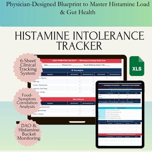 Könnte beinhalten: Ein digitaler Histaminintoleranz-Tracker, der auf einem Tablet und einem Computerbildschirm angezeigt wird. Der Text enthält "Histamine Intolerance Tracker", "6-Sheet Clinical Tracking System" und "Google Sheets & Excel Compatible".