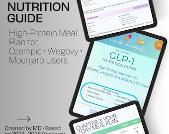 Guía nutricional GLP-1 / Plan de alimentación alto en proteínas para usuarios de Ozempic Wegovy Mounjaro / Registros imprimibles / Estrategia de pérdida de grasa creada por un médico