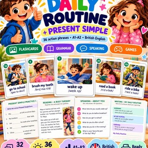 May include: A digital educational poster titled Daily Routine + Present Simple featuring cartoon characters, 36 action phrases, grammar exercises, and speaking prompts for A1-A2 level learners. The layout includes flashcards, practice sheets, and reading tasks.