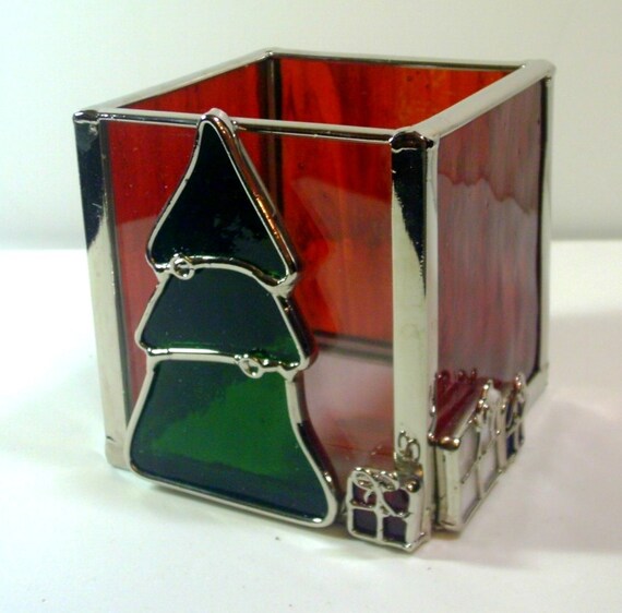 Items similar to Vintage Stained Glass Christmas Tree Votive Candle Holder with box on Etsy