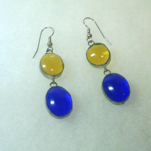 Vintage Stained Glass Drop  Earrings - Blue and Yellow  - 1980's