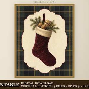 May include: A digital print featuring a dark red velvet Christmas stocking with a white cuff, filled with pine sprigs, walnuts, and a small gift. The stocking is centred on a cream-coloured scalloped background with a dark green plaid border.