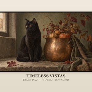 May include: A black cat sits on a stone ledge next to a large hammered copper pot filled with small pumpkins and autumn leaves. A green fabric drape hangs beside the pot, and a window is visible on the left. The text reads TIMELESS VISTAS.