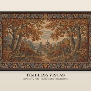 May include: A rectangular digital art print for a television screen featuring a landscape scene with a central gazebo, trees with autumn-colored foliage, a deer, and a pheasant, all enclosed in a decorative border with the text TIMELESS VISTAS.
